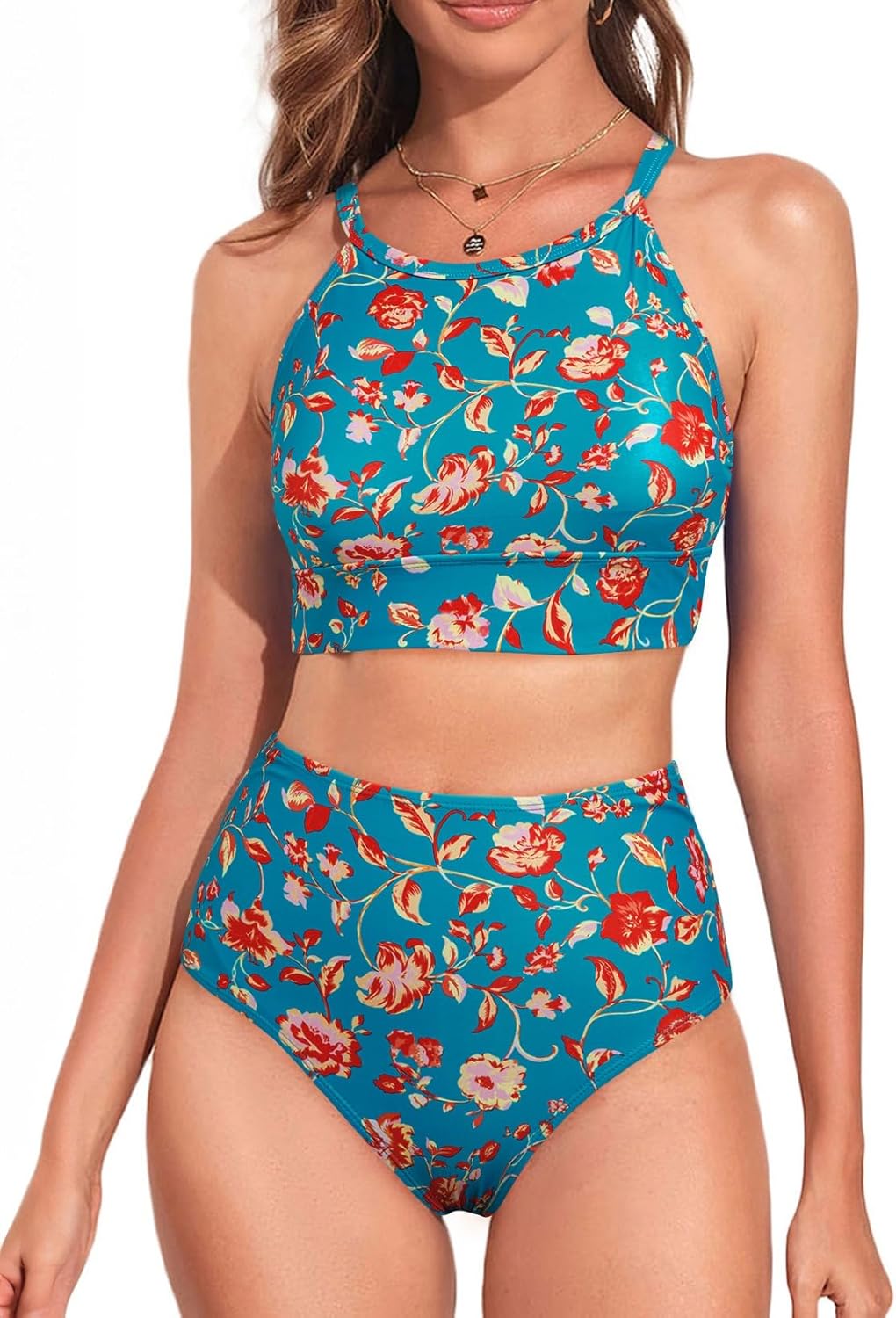 Herseas Women's High Neck Tropical Leaf Print Bikini Set