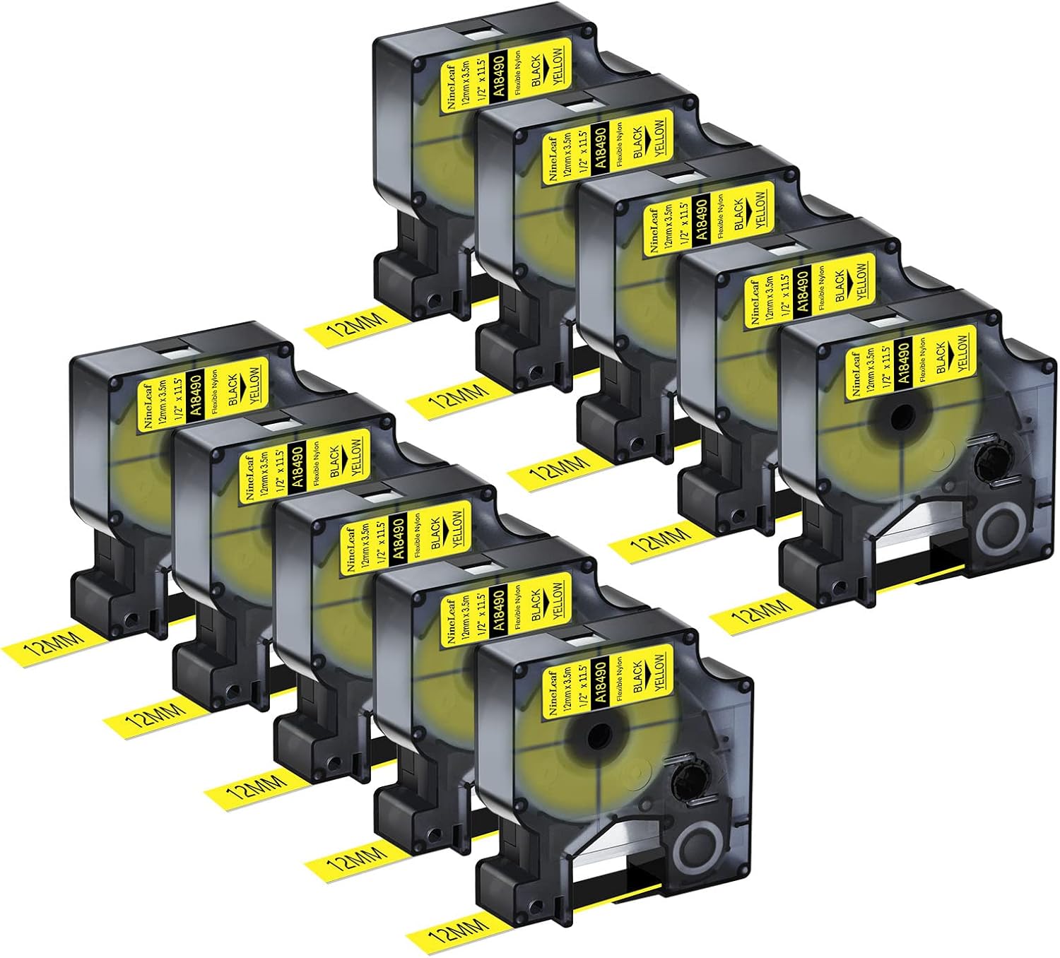 NineLeaf 10 Pack Compatible DYMO Rhino 18490 Black on Yellow Tapes