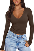 Women's Long Sleeve Lace Shirt with V Neck for Stylish Fall Wear