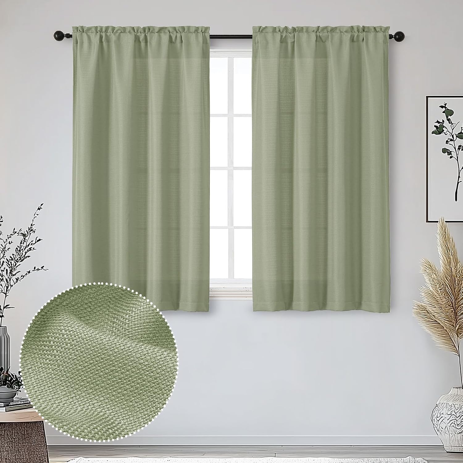 Airy Sage Green Curtains Set - 45 Inch Length