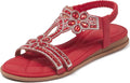 iCKER Women Rhinestone Sandals T-Strap Pearl Crystal Flats Women's