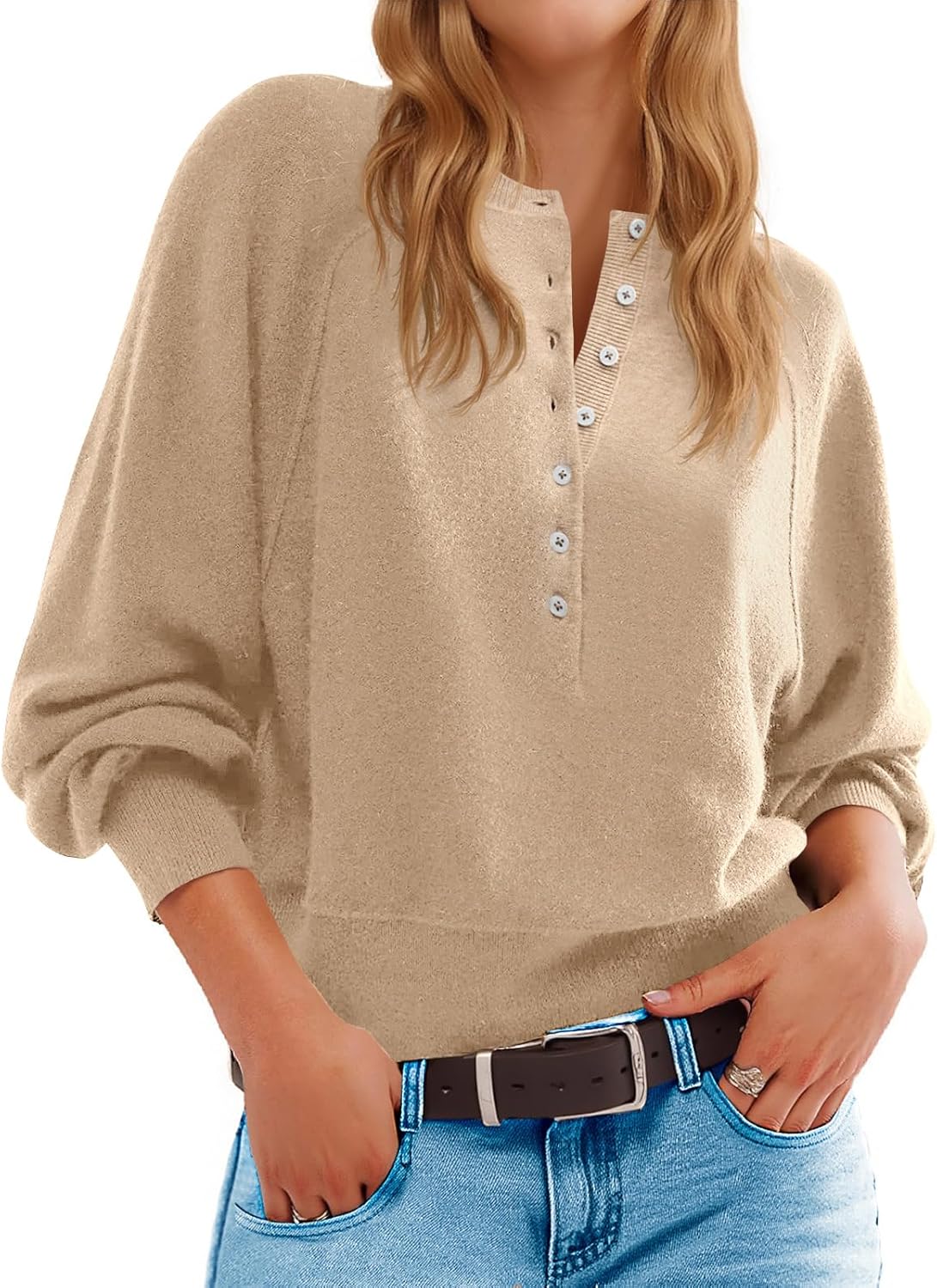 Saodimallsu Womens Button Crew Neck Sweater for Trendy Style
