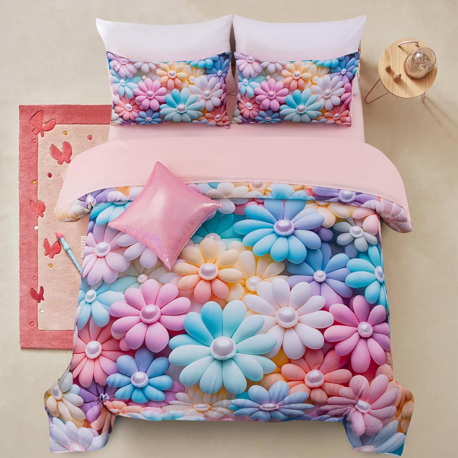 Stunning Blooming 3D Flower Floral Comforter Set for Twin Beds