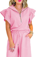 Two Piece Sets for Women Summer Outfits Ruffle Cap Sleeve Zip Top Wide