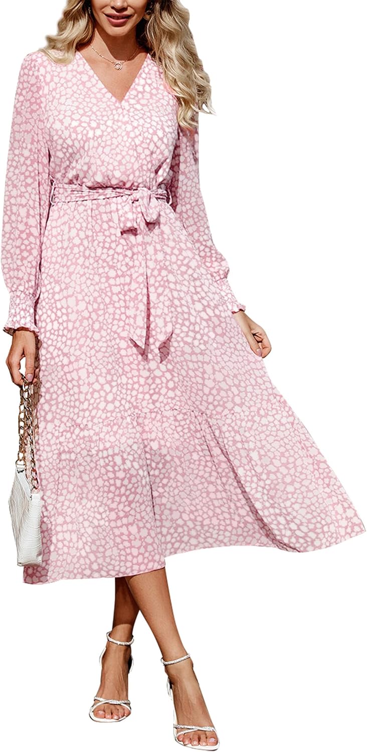 Floral Boho Dress for Women - Long Sleeve Maxi Wrap V Neck