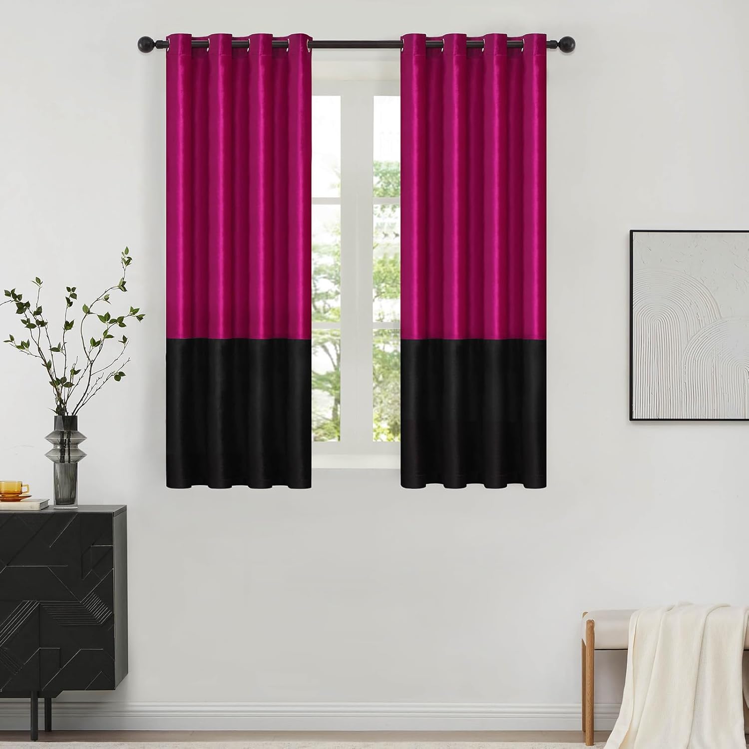 Hot Pink Black Velvet Color Block Window Curtains for Home