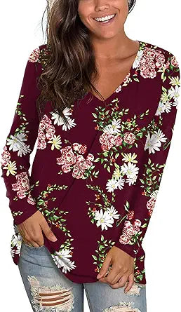 LONGYUAN Womens Long Sleeve Vneck Tunic Tops for Casual Wear