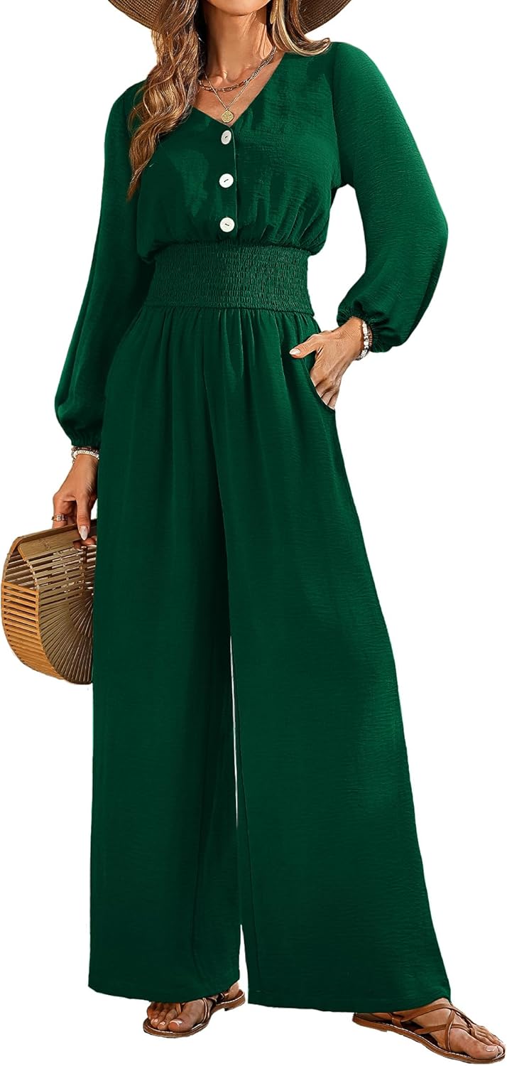 Womens Long Sleeve V Neck Jumpsuit Casual High Waist Outfit