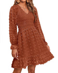 Long Sleeve Swiss Dot Smocked Ruffle Mini Dress - Flattering Fit M=US