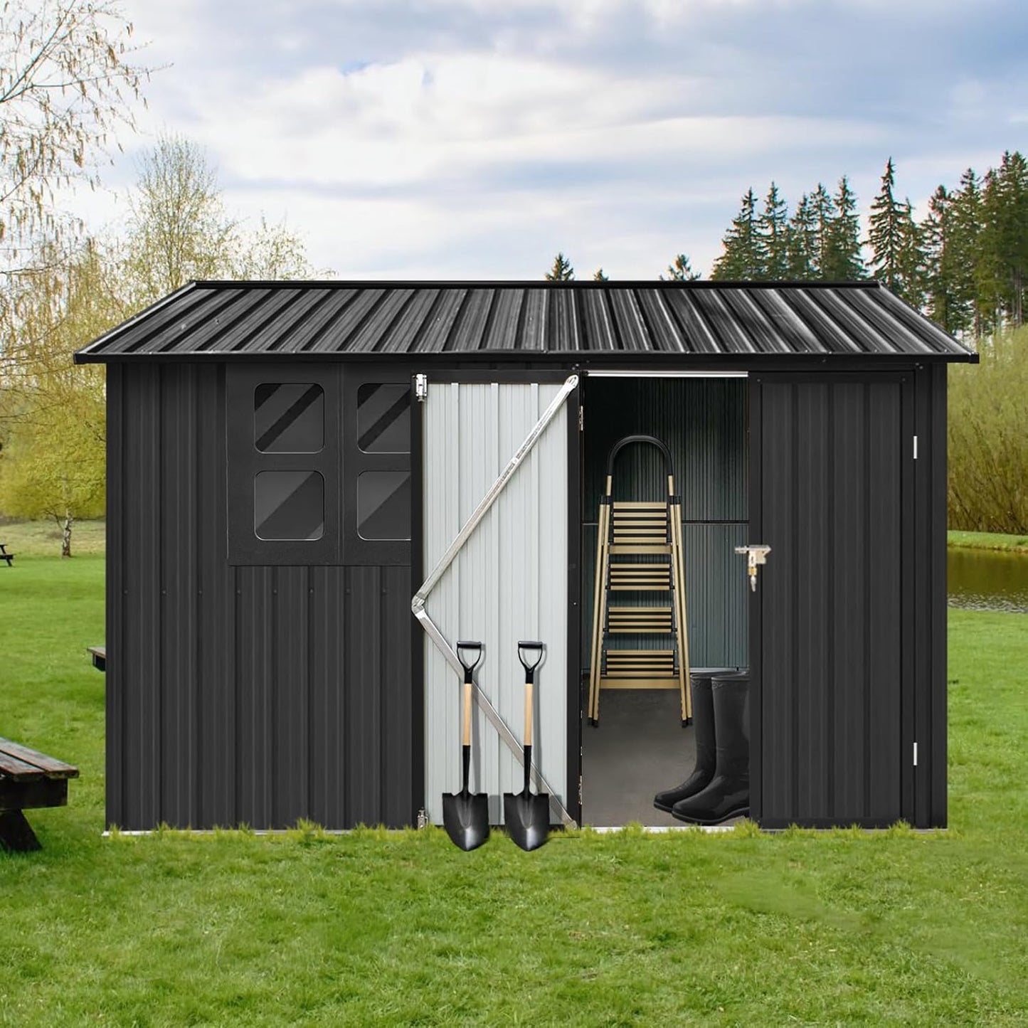 6x8 FT Metal Frame Garden Shed with Lockable Doors and Window
