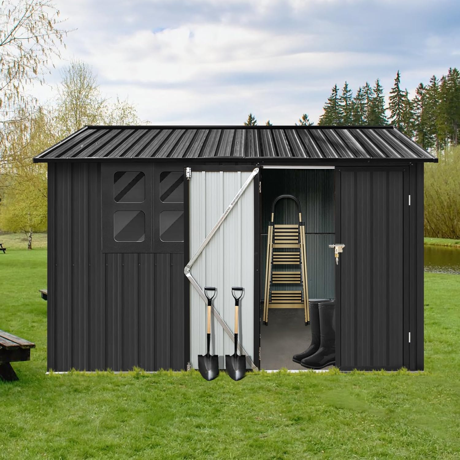 6x8 FT Metal Frame Garden Shed with Lockable Doors and Window