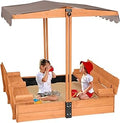 Wooden Cedar Sand Box w Seat - Large Backyard Sandbox with Canopy