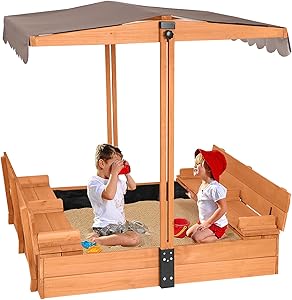 Wooden Cedar Sand Box with Adjustable Canopy for Kids Fun
