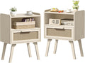 Grey White Rattan Nightstands Set of 2 - Mid Century Bedside Tables