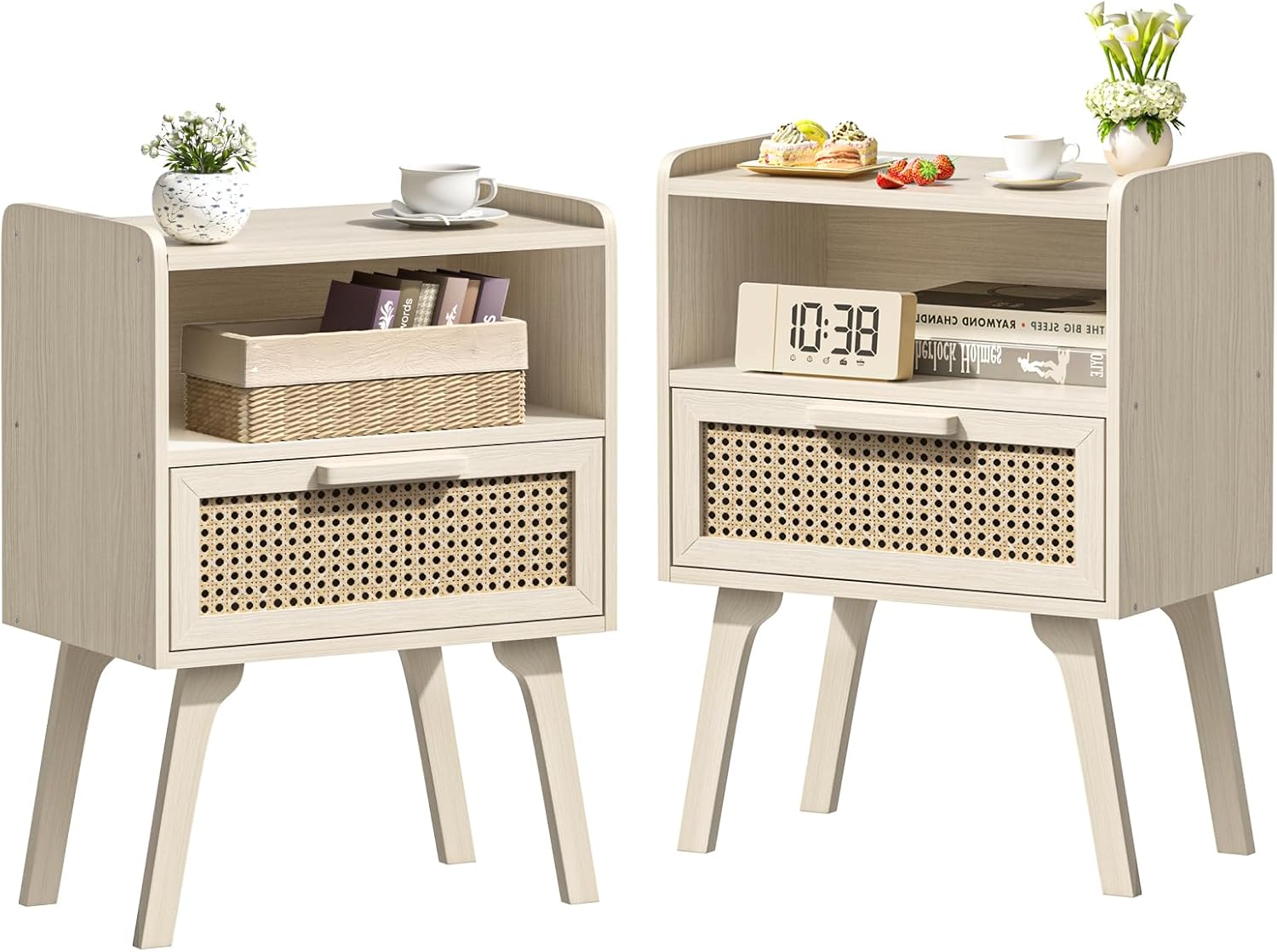 Rattan Nightstands Set of 2 with Drawer and Open Shelf Design