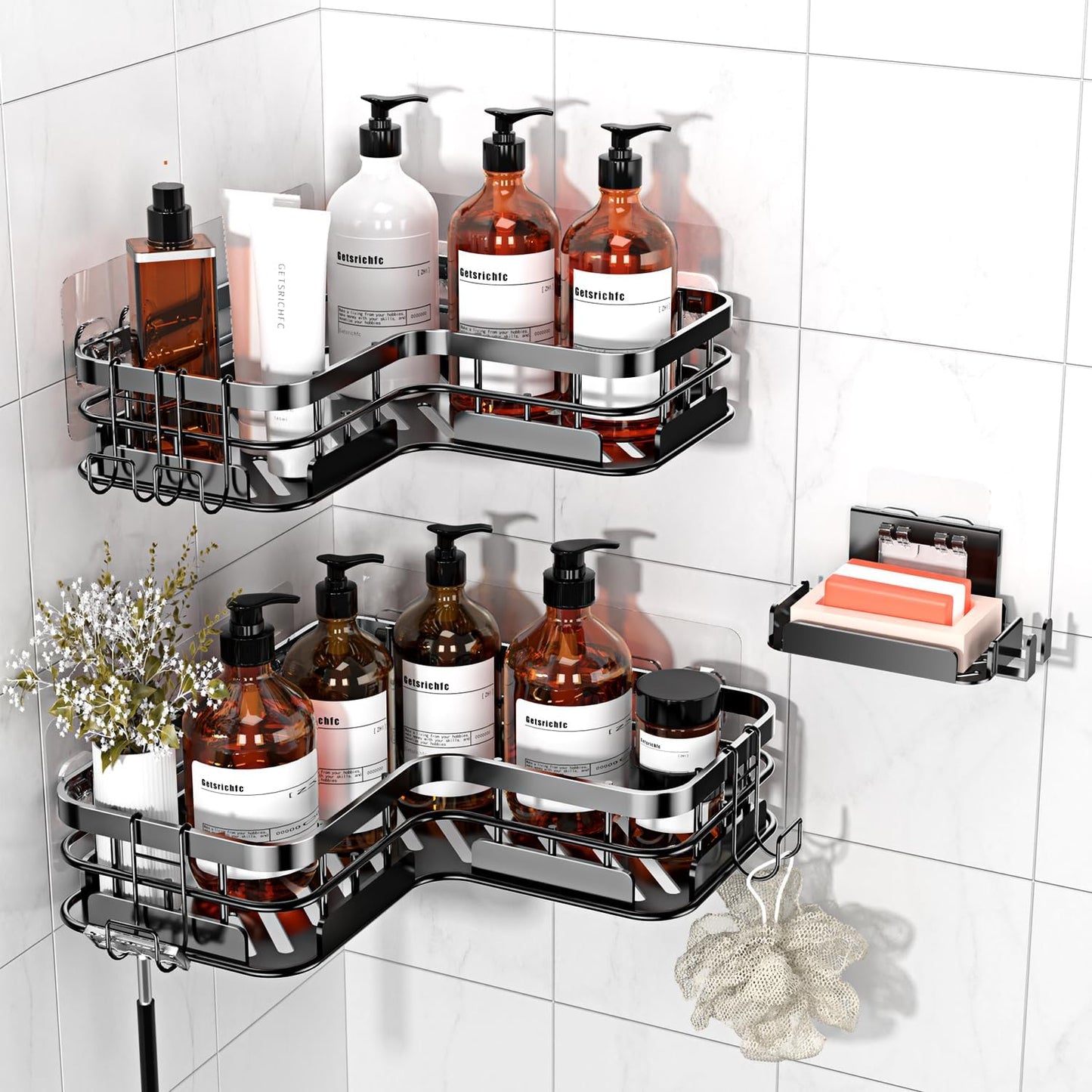 Large Capacity Shower Caddy with Heavy-Duty Adhesive Design