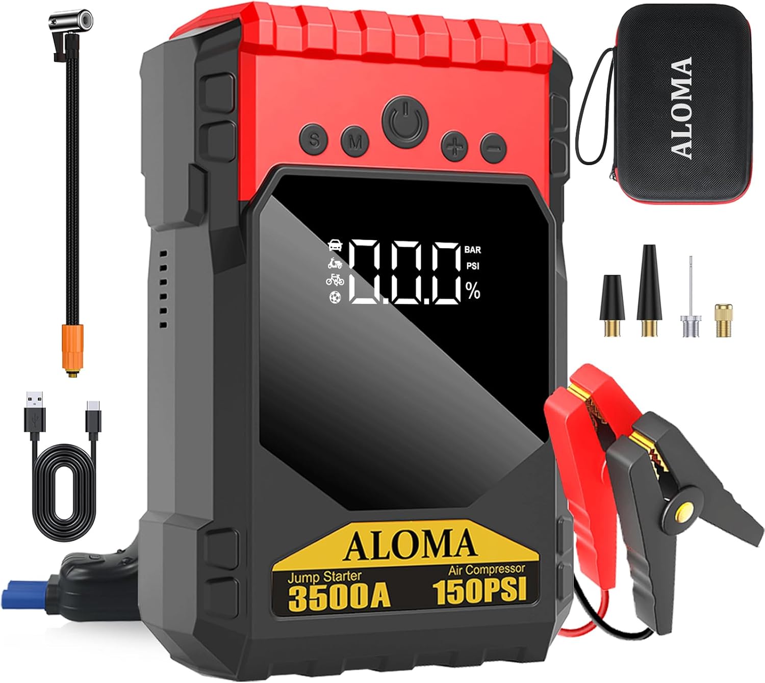 ALOMA Portable Jump Starter - 3500A Power, 150PSI Air Compressor