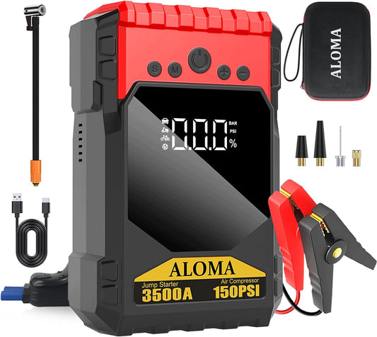 ALOMA Portable Jump Starter - 3500A Power, 150PSI Air Compressor