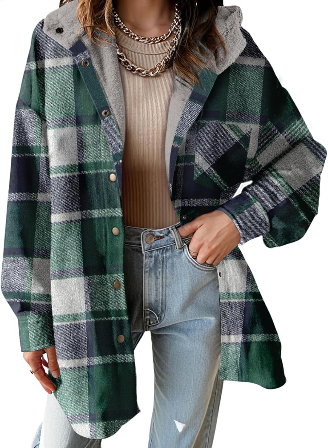 Dokotoo Women's Flannel Hooded Plaid Shacket for Winter Warmth