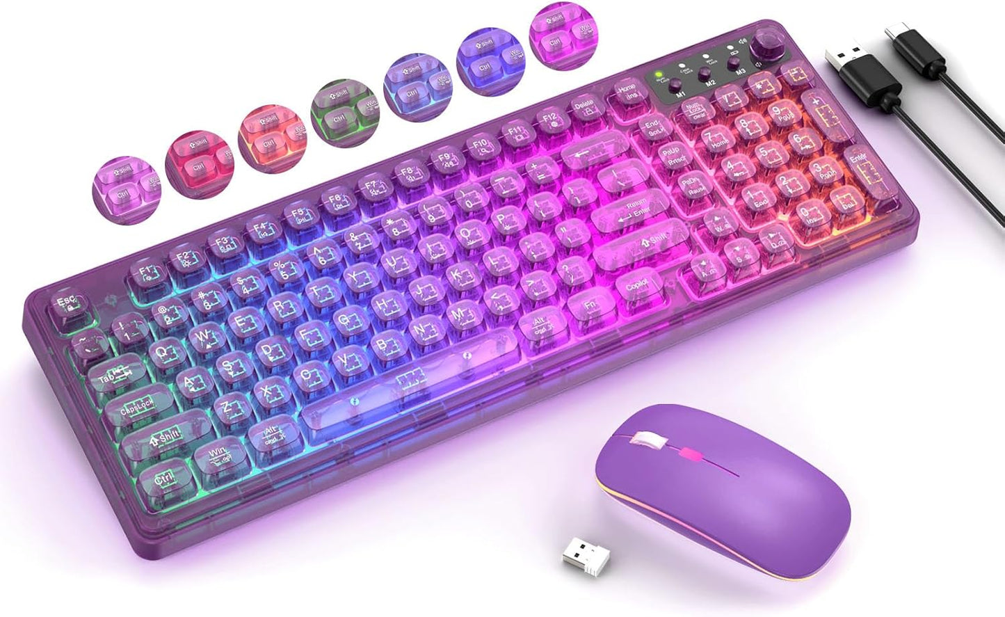 Wireless Purple Backlit Keyboard & Mouse Set - Rechargeable, 15 Lighting Effects