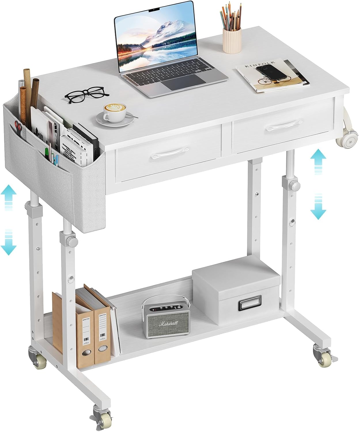 Small White Portable Rolling Desk for Home Office and More