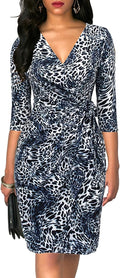 Women's Faux Wrap Black V Neck Sheath Dress - Classic Knee-Length