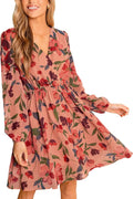 Dusty Rose Chiffon Mini Dress for Women - Flowy V Neck Casual