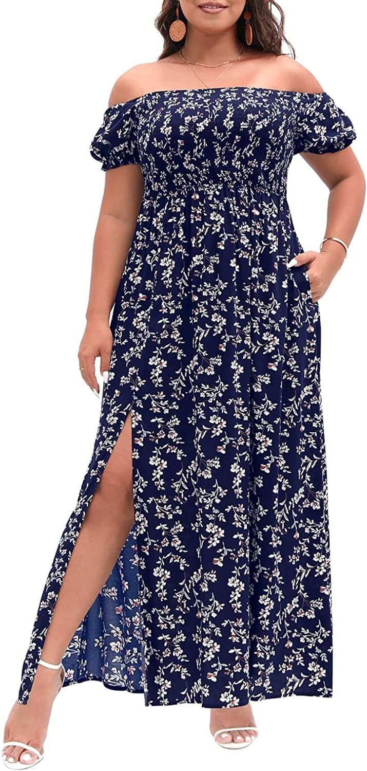 Plus Size Summer Dresses - Boho Casual Off Shoulder Maxi Dress