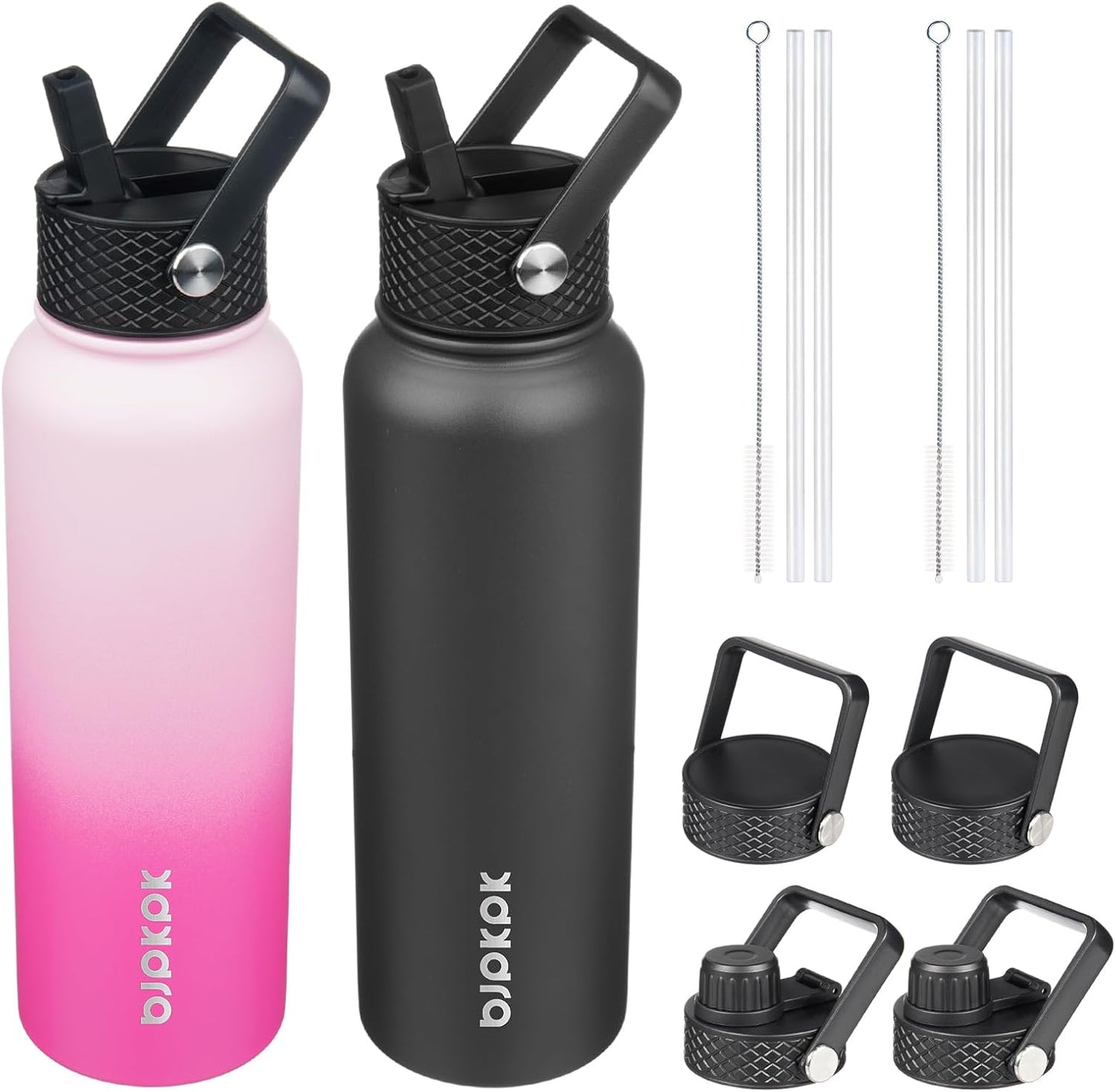 BJPKPK 2 Pack Insulated Water Bottles with Straw Lids, 40oz