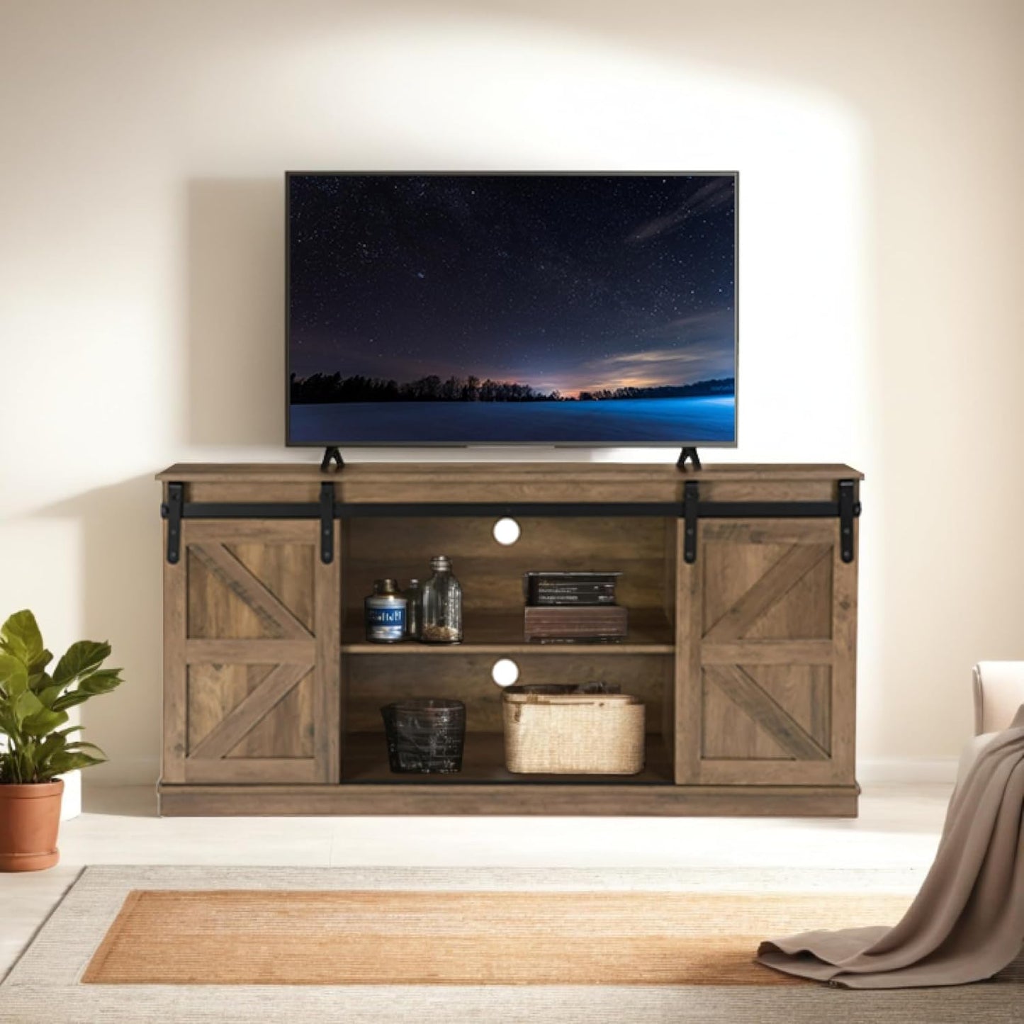 Rustic TV Stand w/ Sliding Doors - Fits 65 TVs
