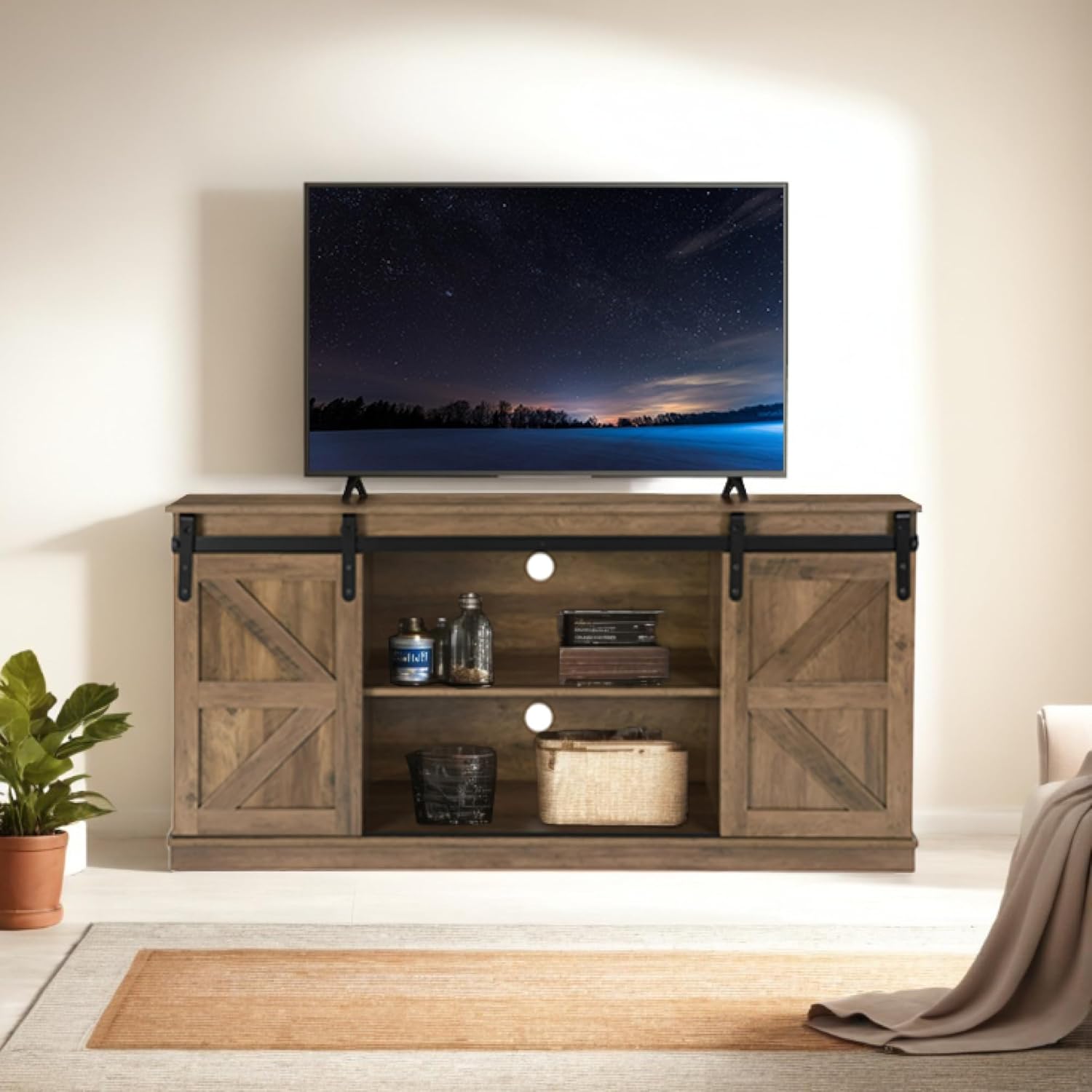 Rustic TV Stand w/ Sliding Doors - Fits 65 TVs