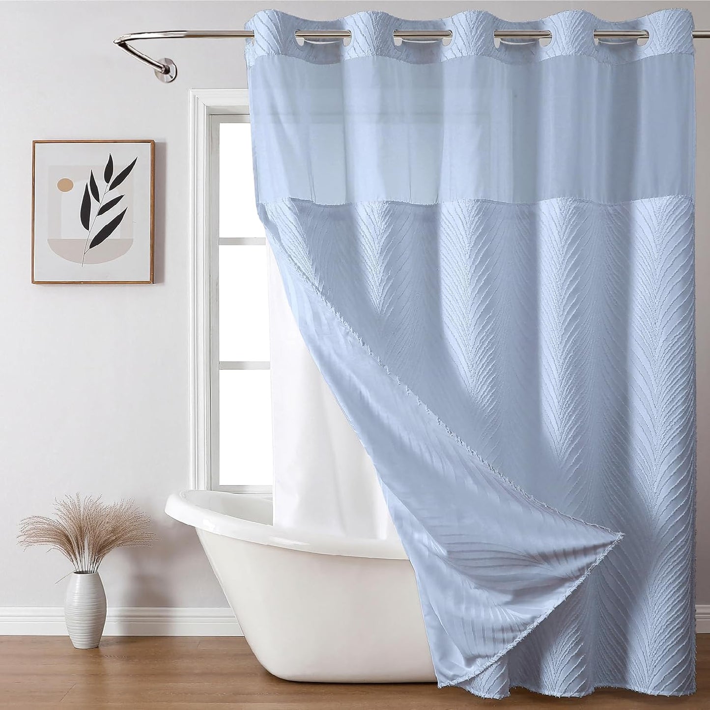 Boho Style No Hook Shower Curtain and Liner Set for Bathrooms