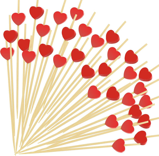 100 Red Heart Bamboo Cocktail Picks - Elegant Party Decor