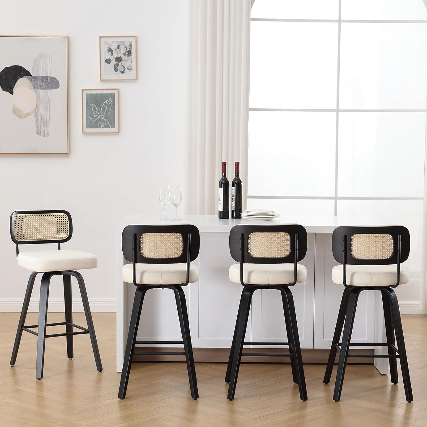 Swivel Bar Height Stools Set of 4 with Rattan Back for Comfort