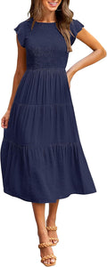 Flutter Short Sleeve Smocked Midi Dress - Flowy Summer Tiered Dress