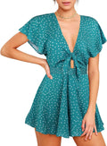 AGQT Women's V-Neck Self-Tie Front Romper - Boho Floral Mini