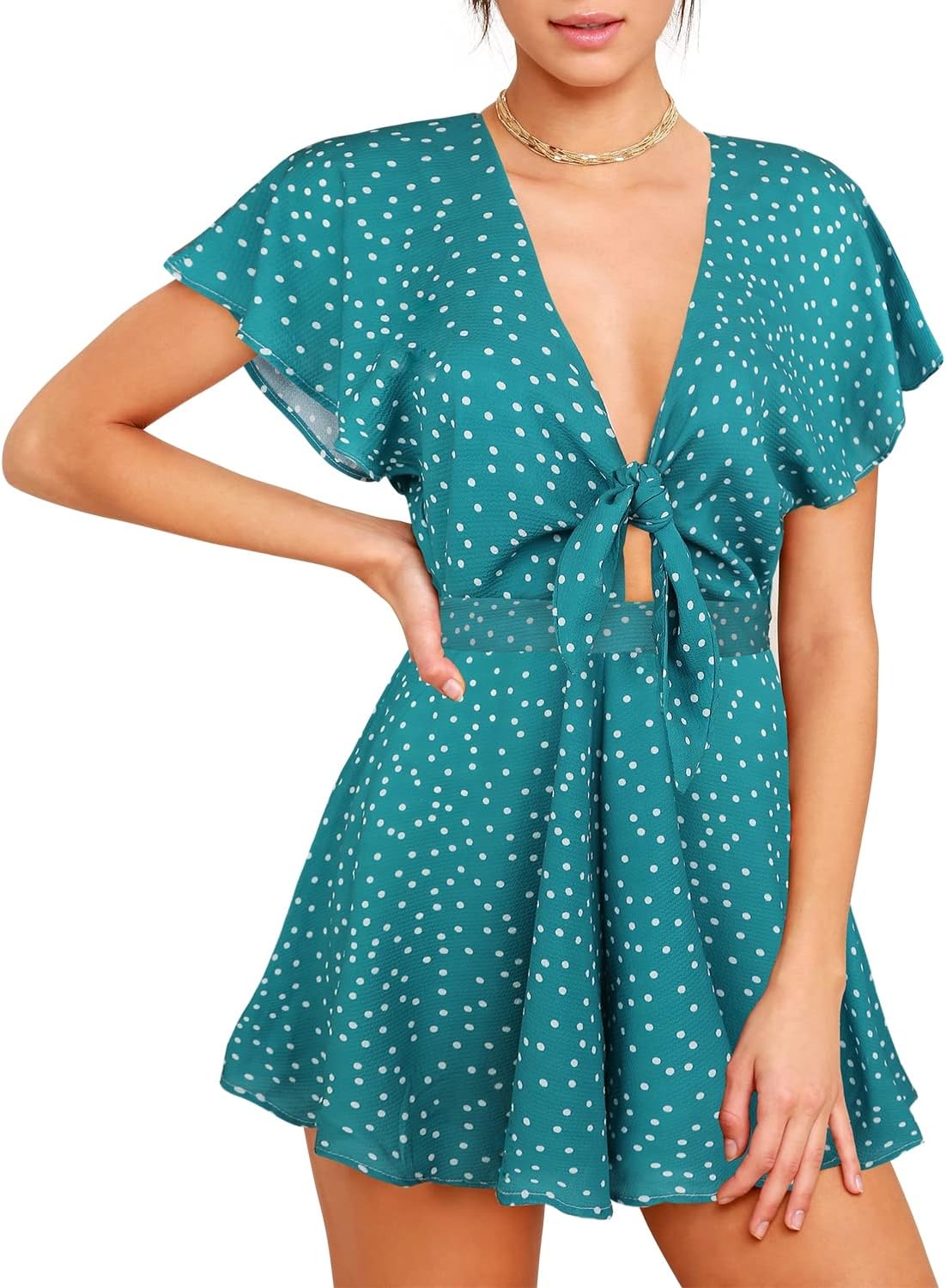 AGQT Women's Sexy V-Neck Self-Tie Front Romper for Summer Fun