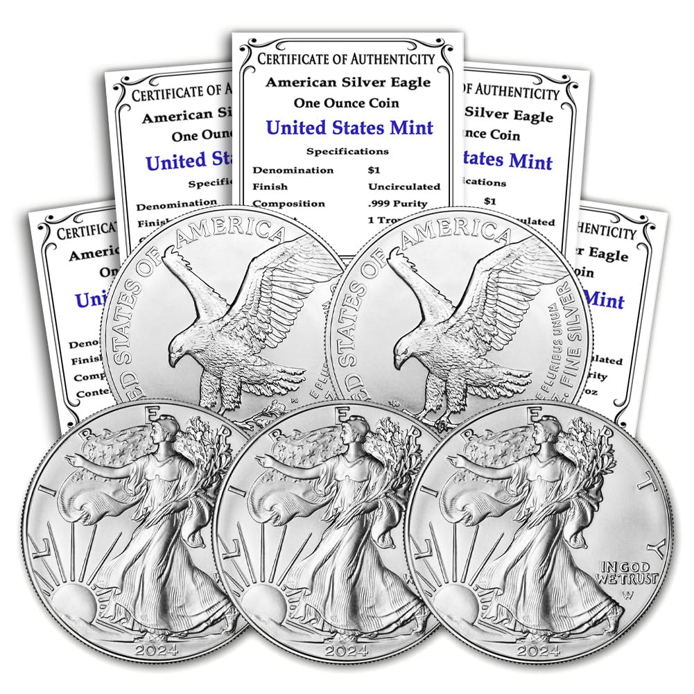 2024 Lot of 5 1 oz American Silver Eagle Coins Brilliant Uncirculated