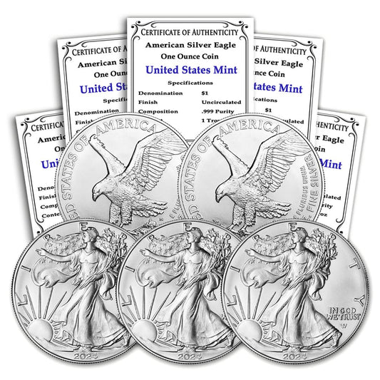 2024 Lot of 5 1 oz American Silver Eagle Coins Brilliant Uncirculated