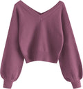 Cropped V-Neck Long Sleeve Crop Sweater Pullover - Cozy Knit Top