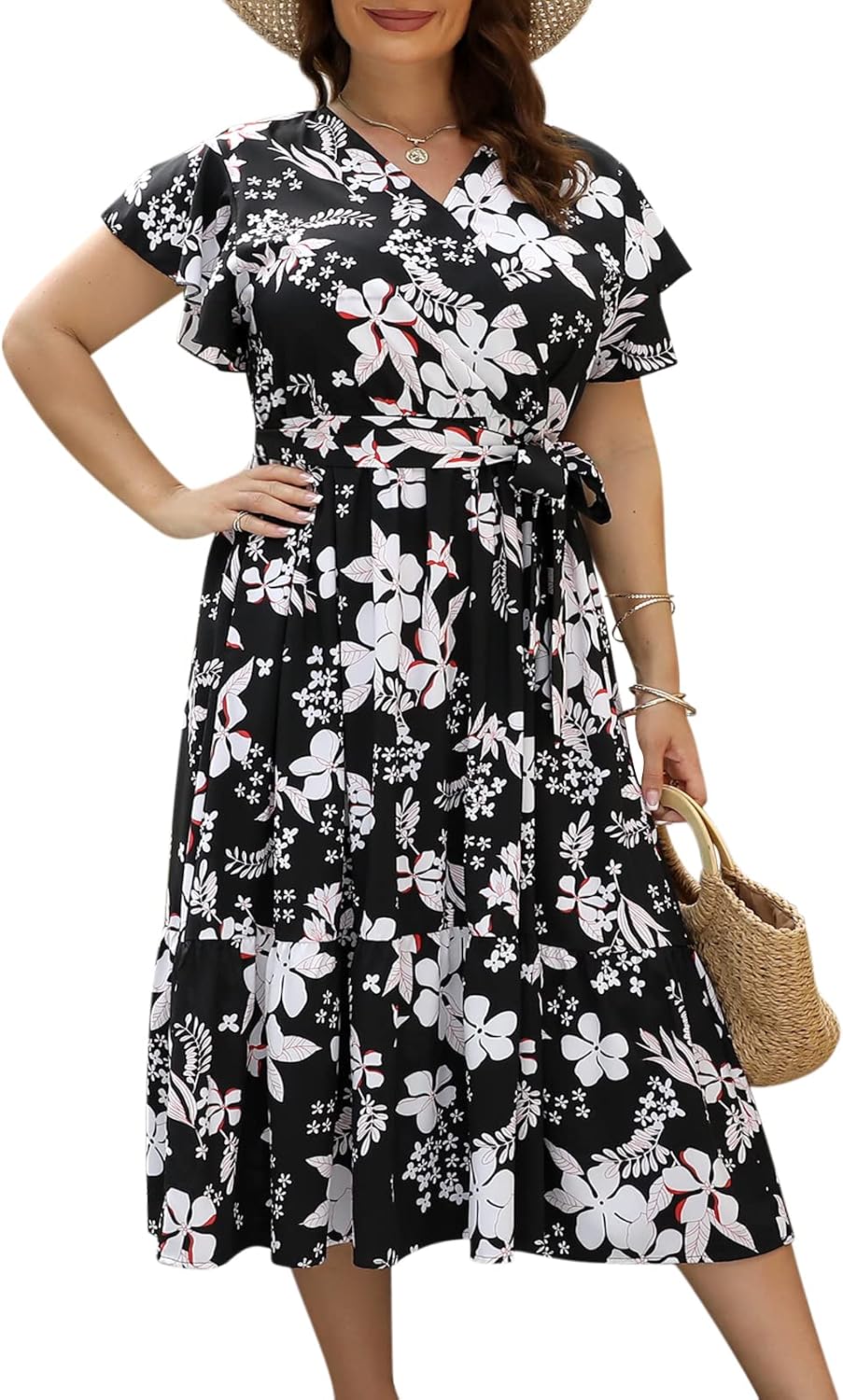 Celkuser Womens Plus Size Ruffle Short Sleeve V Neck Dress