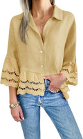 Cicy Bell Womens 3/4 Bell Sleeve Button Down Shirt - Ruffle Hem Shirts