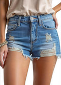 HOCAIES Women's Mid Rise Jean Shorts Folded Hem - Flattering Stretch
