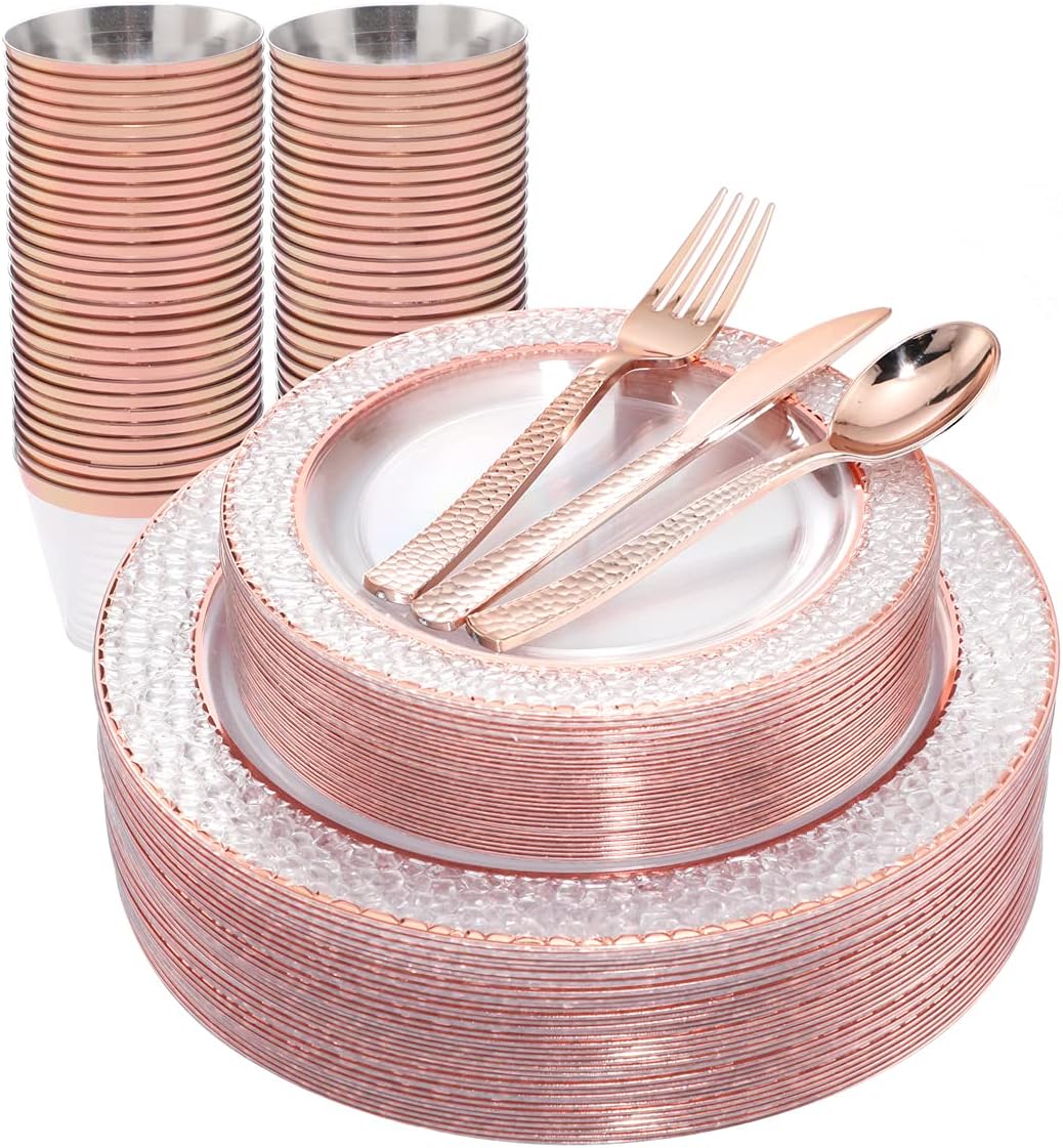 Rose Gold Party Set: 150PCS Disposable Plates & Silverware - Perfect for Weddings & Events