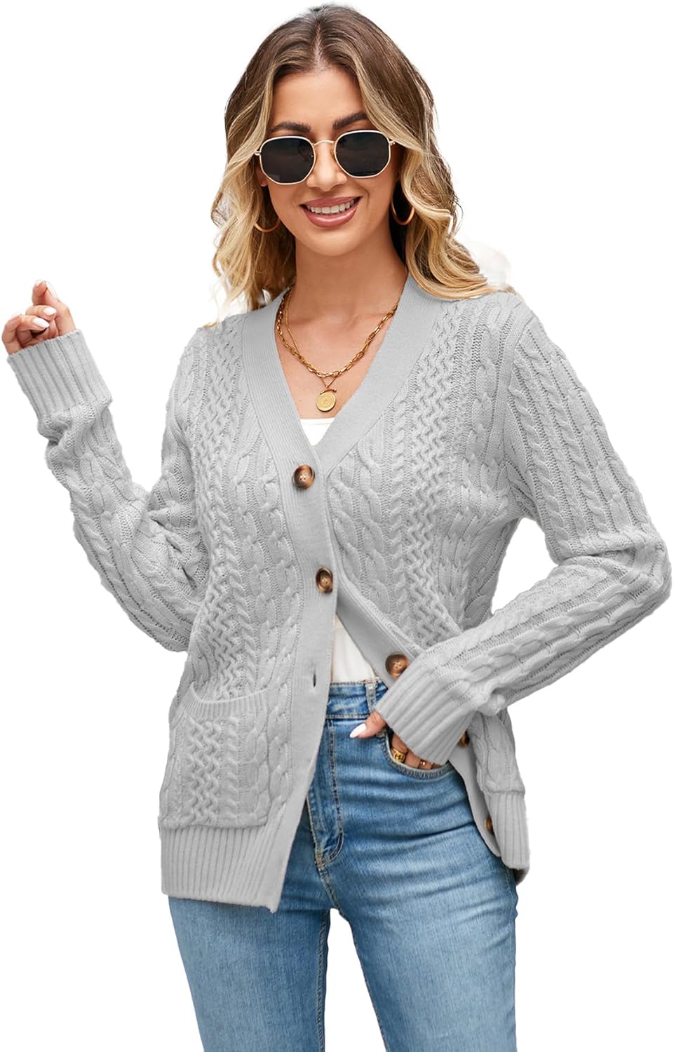 Womens Cardigan Sweaters Chunky Knit Open Front with Pockets