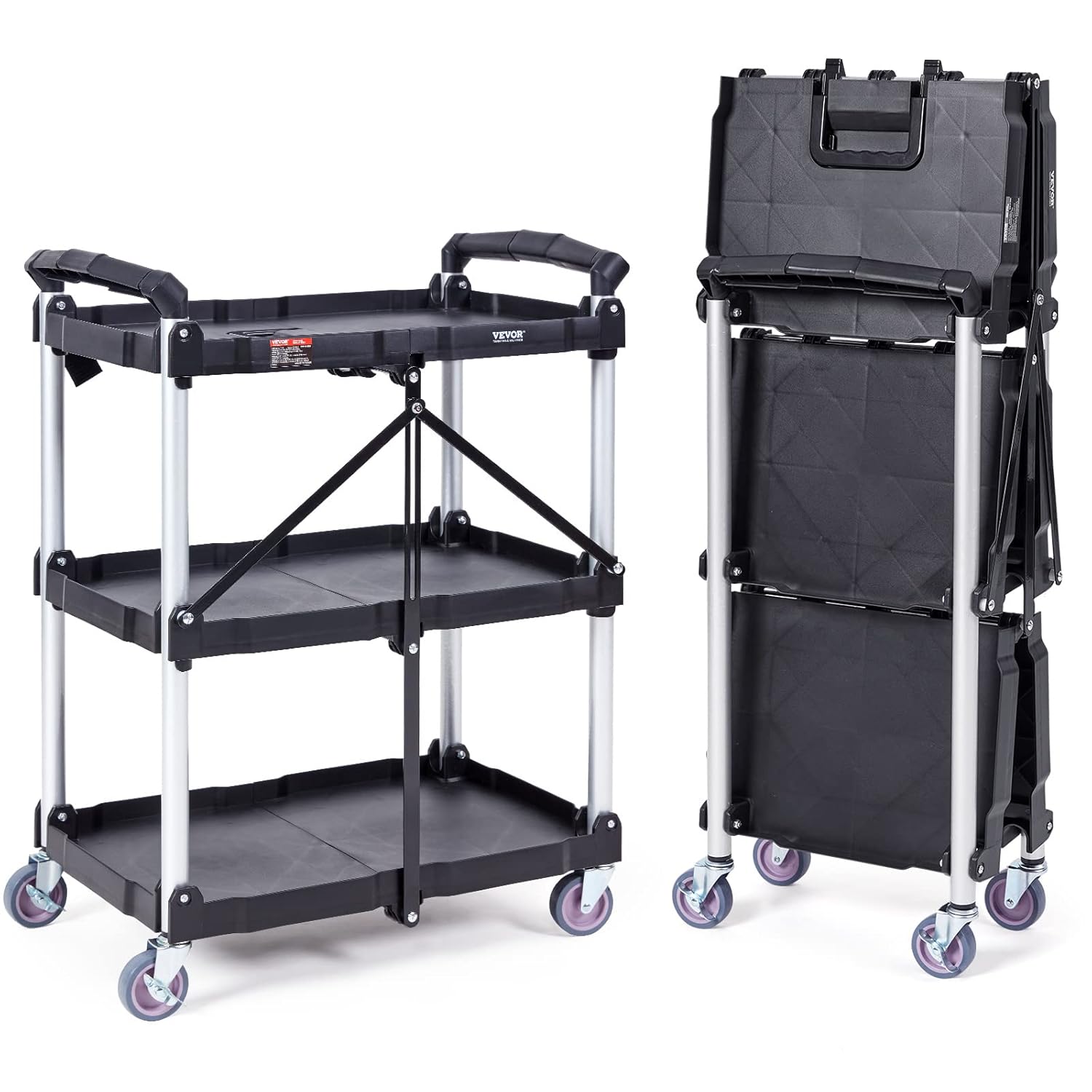 VEVOR Foldable Utility Cart with 3 Shelves and 165LBS Capacity
