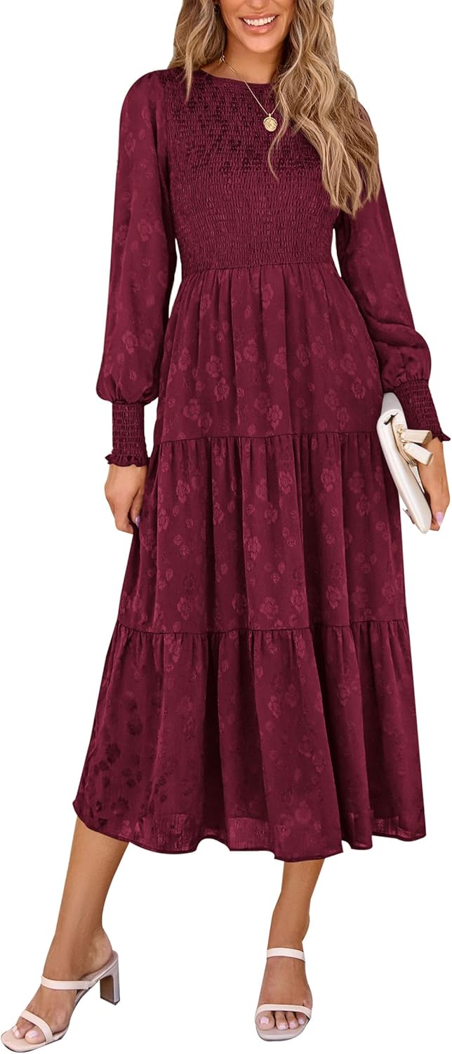 PRETTYGARDEN Women's Long Sleeve Floral Midi Dress with Pockets