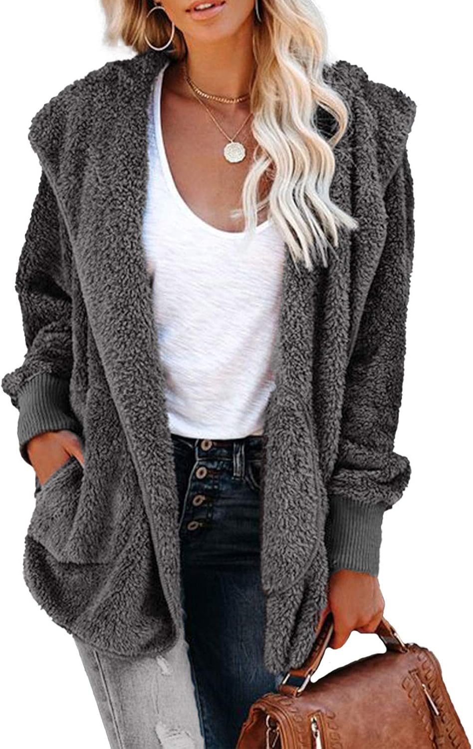 Dokotoo Womens 2024 Winter Long Sleeve Fuzzy Fleece Cardigan