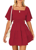 Women's Square Neck Summer Mini Dress with Crossover Waist