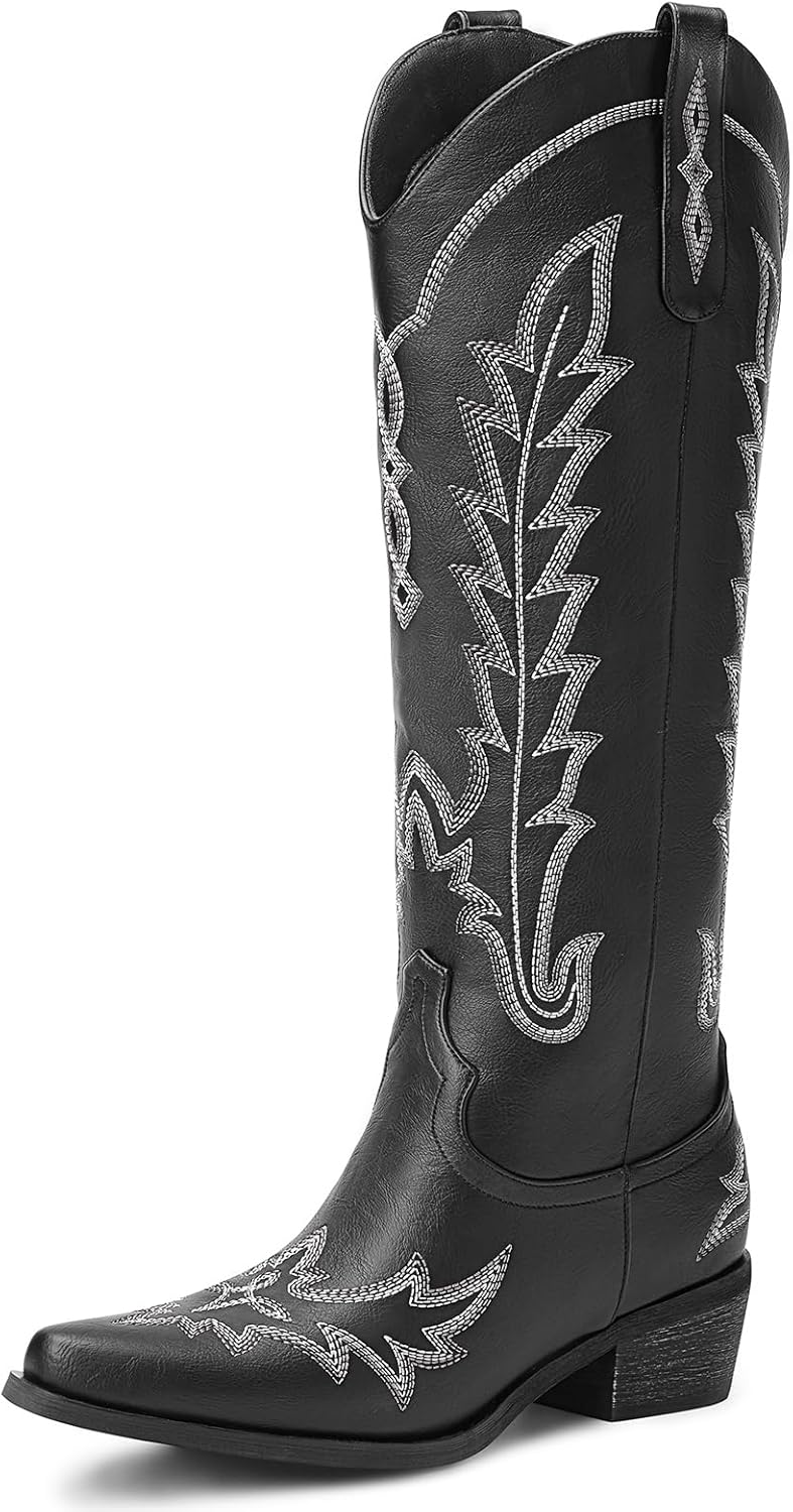 Knee High Pointed Toe Chunky Heel Cowboy Boots for Women